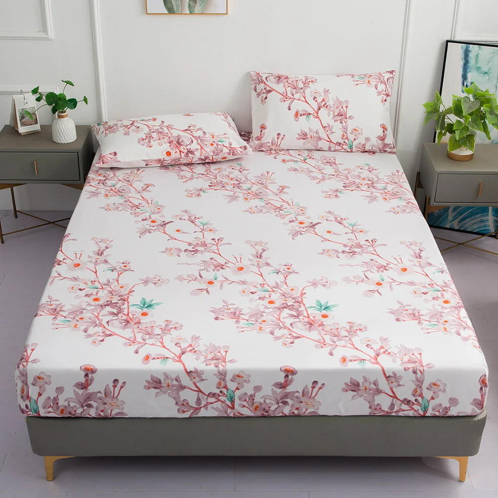 Fashion pink leaves Blue purpel Bed Fitted Sheets Sábanas Mattress Cover with Elastic Microfiber 180*200*30 90*200*30cm