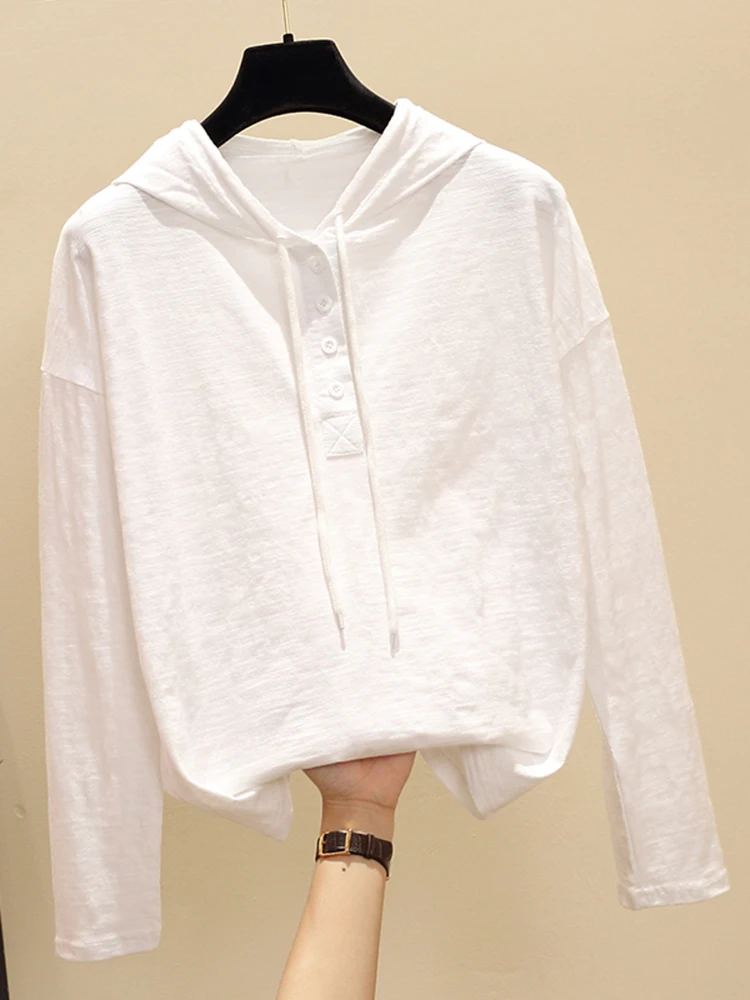 Женская футболка с капюшоном Gkfnmt белая хлопковая Приталенная длинным рукавом