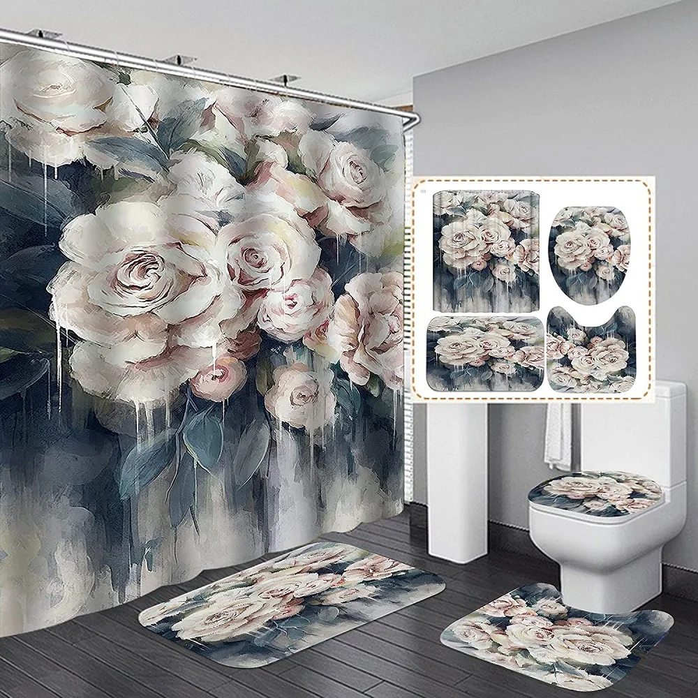 

Pink Rose Shower Curtain Set Vintage Blue Leaf Flower Oil Painting Bathroom Bath Curtain Non-slip Rugs Toilet Lid Cover Bath Mat