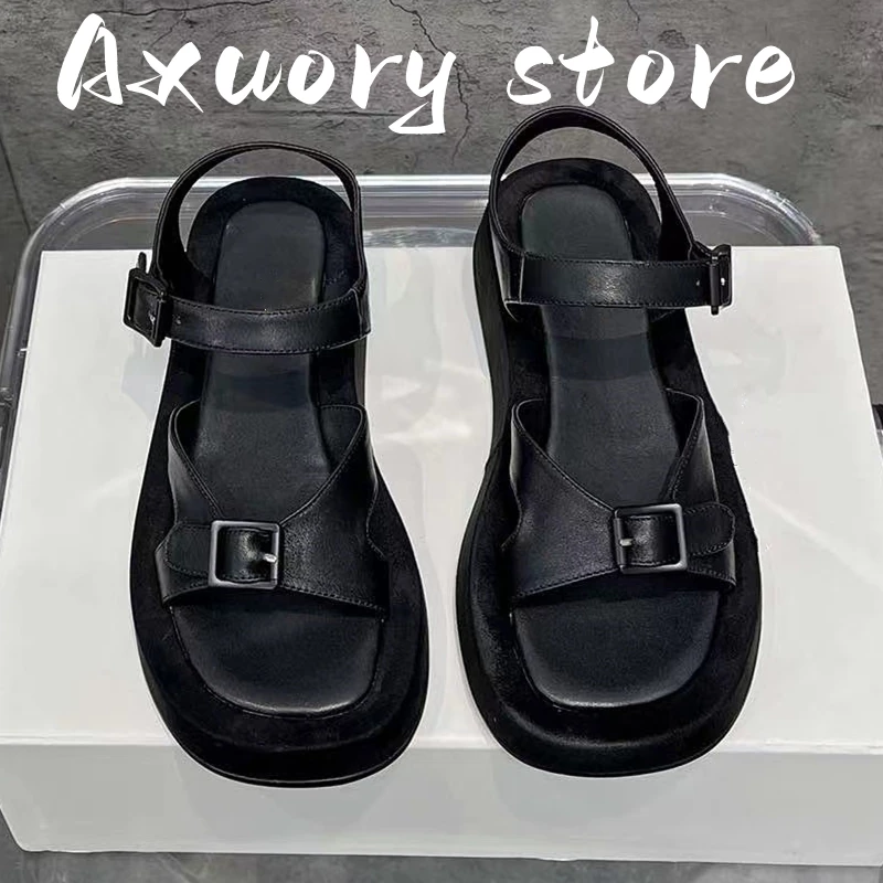 2023 Summer Woman Genuine Leather Flat Platform Sandals Thick Bottom Sandals Women Casual Holiday Beach Shoes