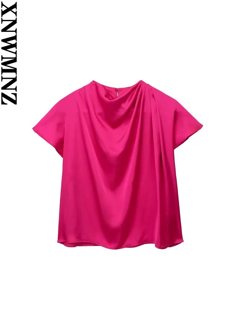 

XNWMNZ Women Fashion New Gathered Flowing Satin Top Woman Retro O Neck Short Sleeve Casual Versatile Female Chic Top