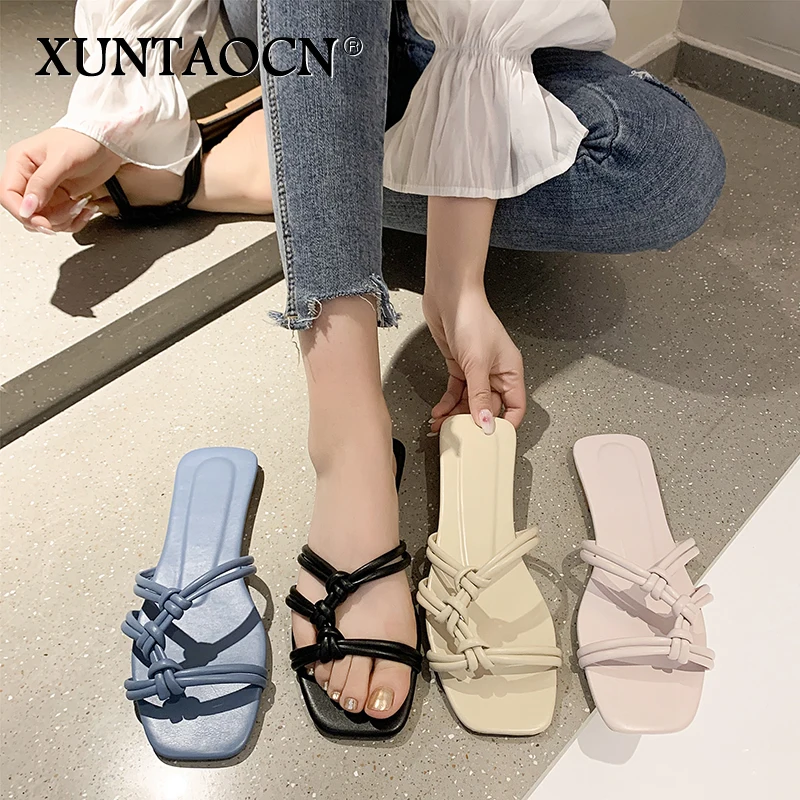 

2022 Slippers women summer Korean version new square-toe flat-heel candy color fashion outer wear sandals slippers