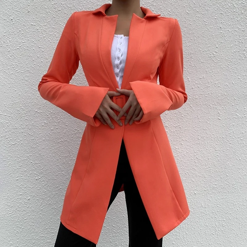Women Buttonless Solid Color Mid Length Casual Blazer Suit 2023 New Fashion Commute Wear Simple Office Blazer with Free Big Belt