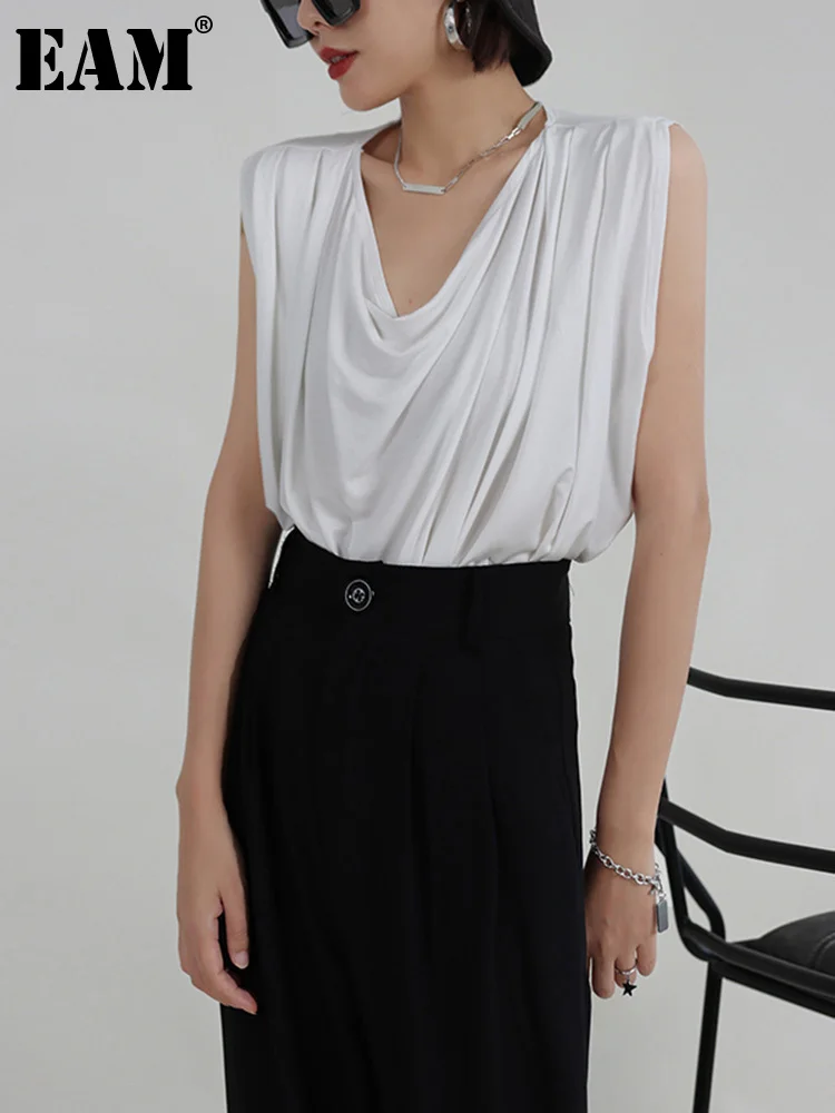 

[EAM] Women White Army Green Pleated Elegant Big Size T-shirt New Round Neck Sleeveless Fashion Tide Spring Summer 2023 1DF5071