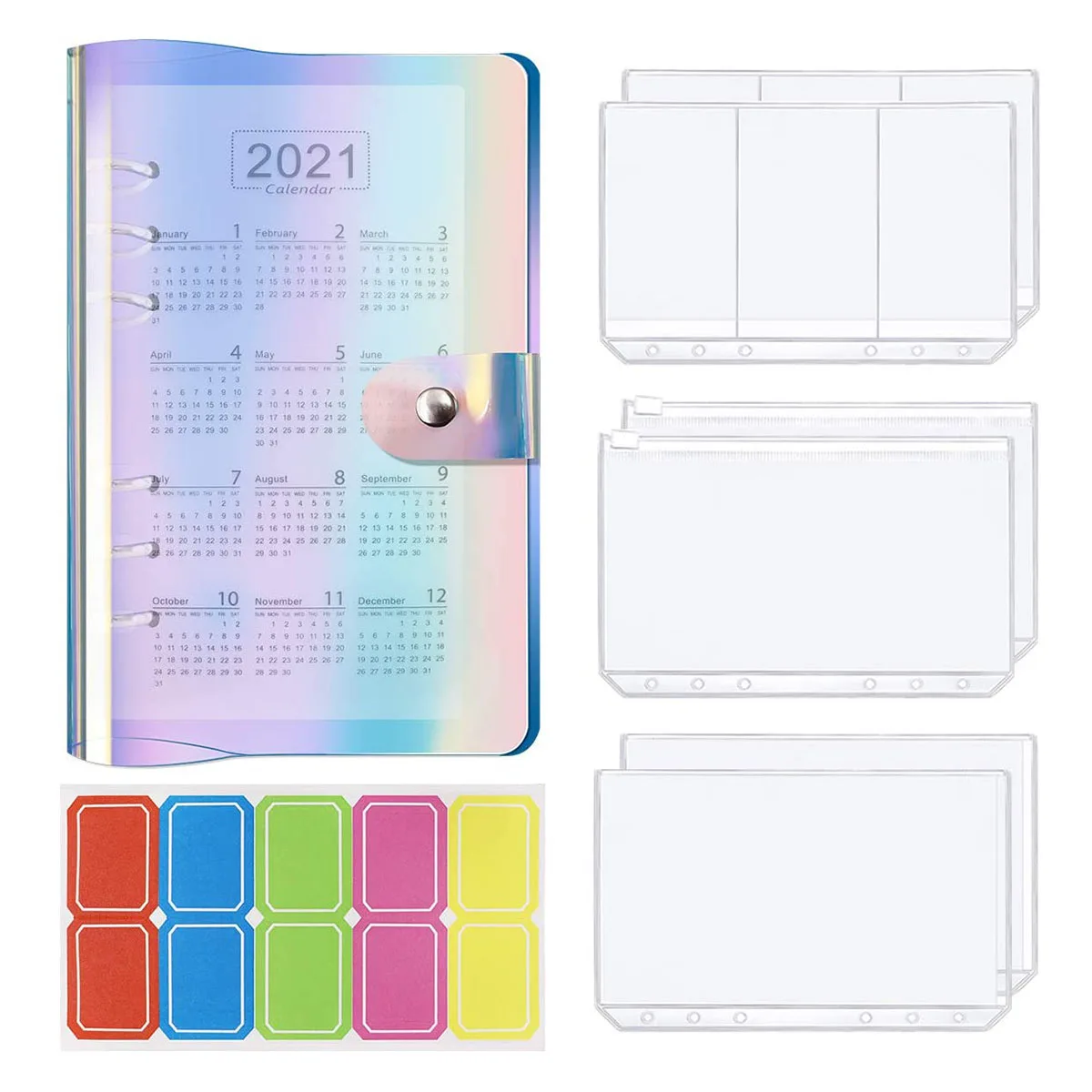 

Прозрачная мягкая обложка A6 из ПВХ с 6 кольцами и защелкой, 6 шт., бюджетные конверты с листьями для наличных и 1 шт. наклеек для этикеток