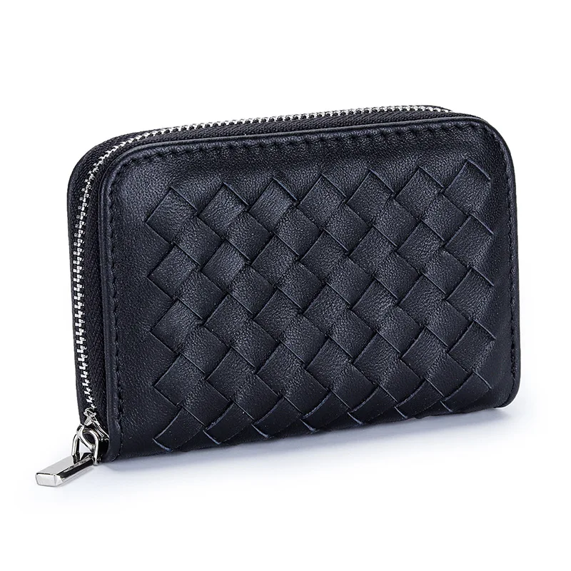 Sheepskin Handmade Weave Wallet Zipper Card Pack Women MiNi Coin Purse Genuine Leather ID Holders Women Wallets