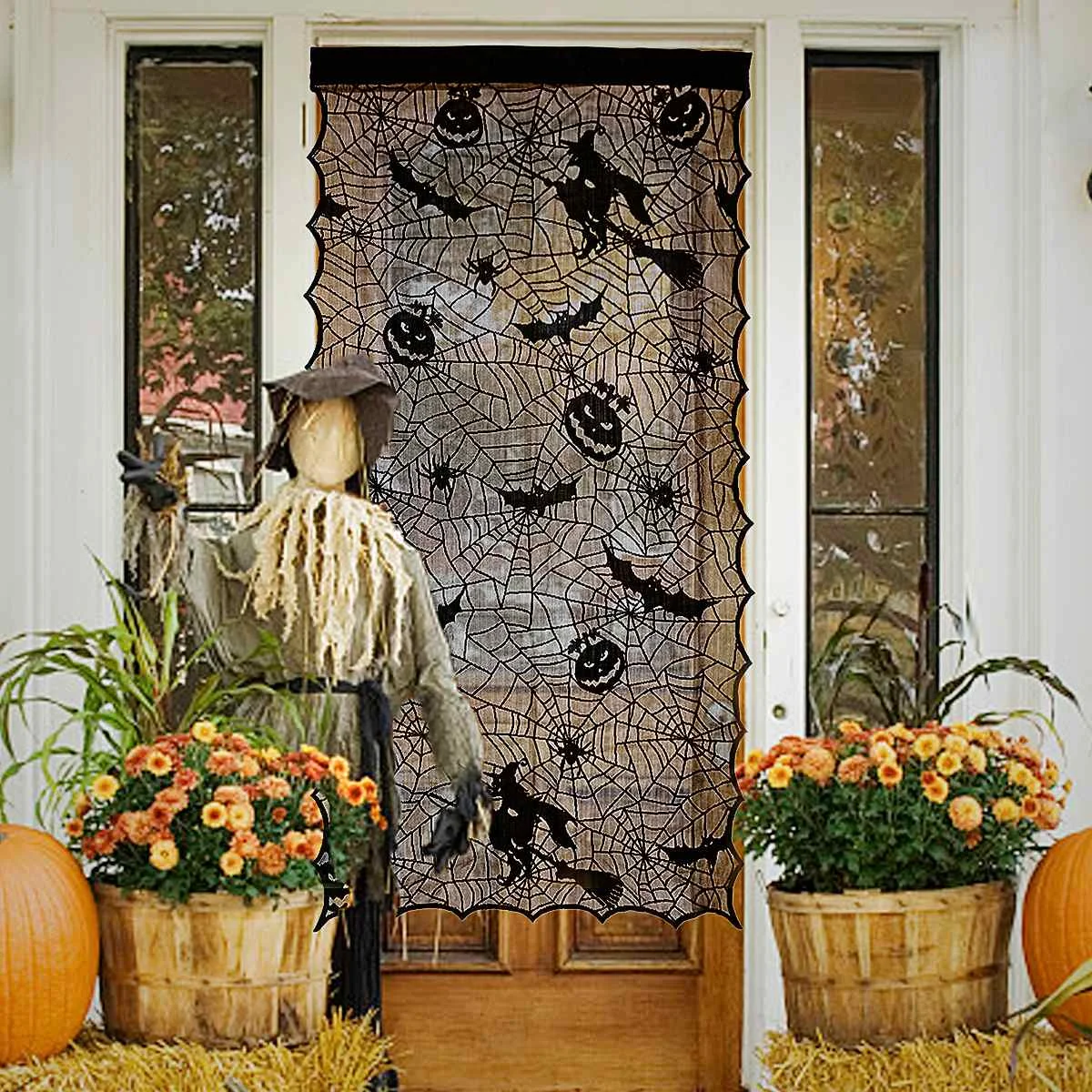 

42x84 inch Halloween Window Door Curtain Witch Bats Decor Black Lace Home Festival Party