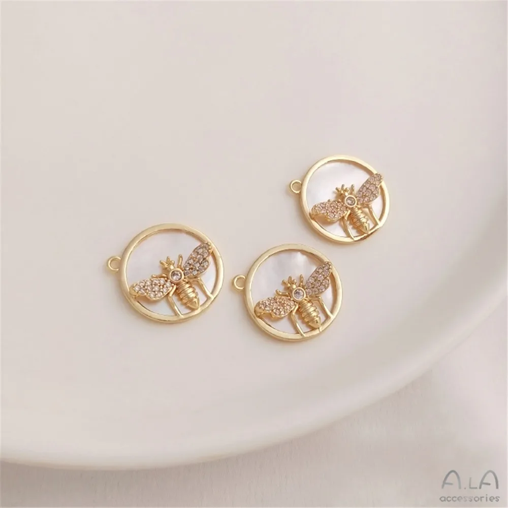 

Inlaid mother shell round brand pendant 14K gold color zircon bee pendant DIY bracelet necklace pendant