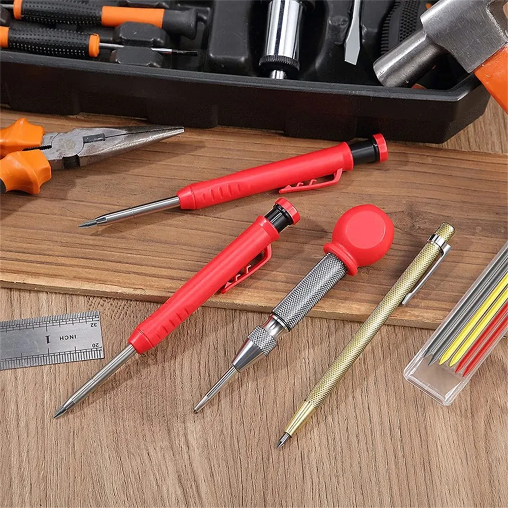 Solid Carpenter Pencil With 6PCS Refills Woodworking Scriber Pen Marker Marking Tool Automatic Center Pin Drill Bit