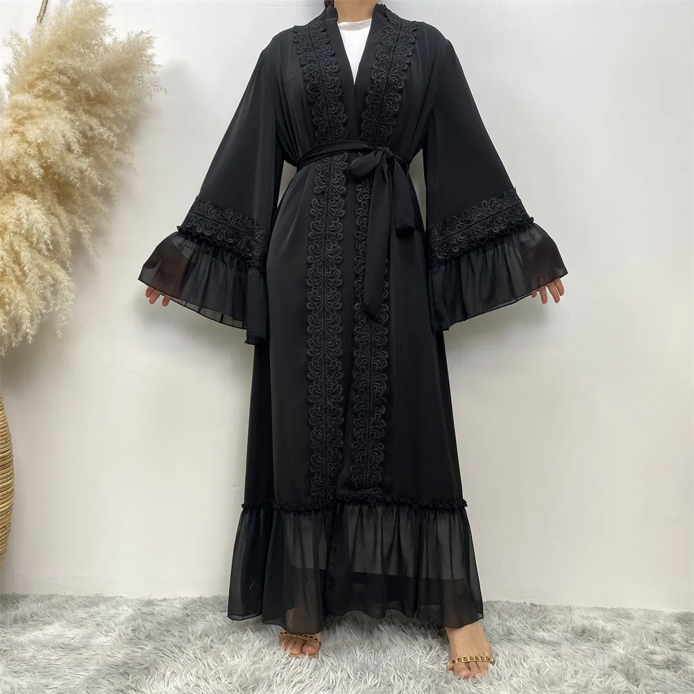 Fashion Djellaba Muslim Dress Dubai Full Length Flare Sleeve Soft Lace Abaya Dubai Turkey Muslim Islam  платья мусульманские