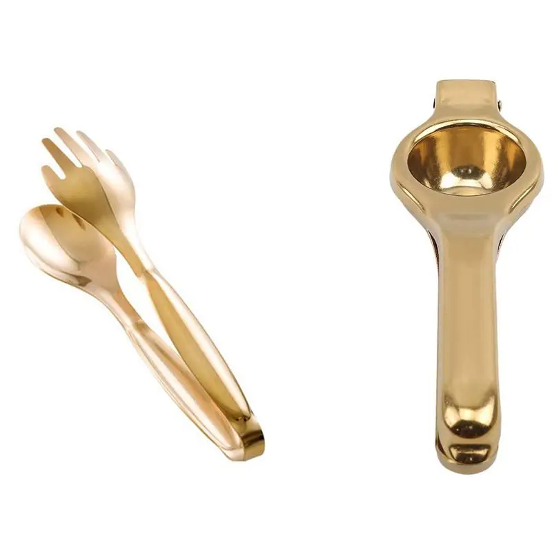 

New-1Pcs Stainless Steel Food Tongs Gold Kitchen Utensils & 1Pcs Stainless Steel Manual Lemon Juicer