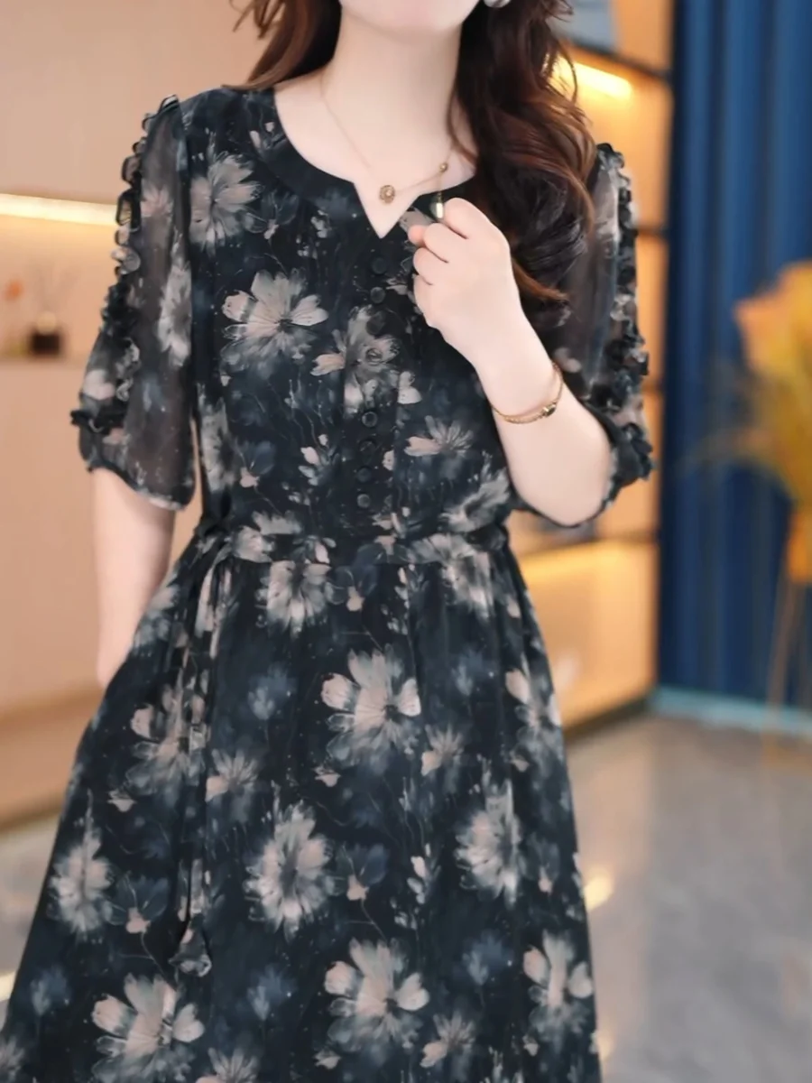 Accessible Luxury High-End Fashion Print Dress Women's 2025 New Arrival K-sle Silm Slim Looking Anti-Aging Mid-Length A- li... |