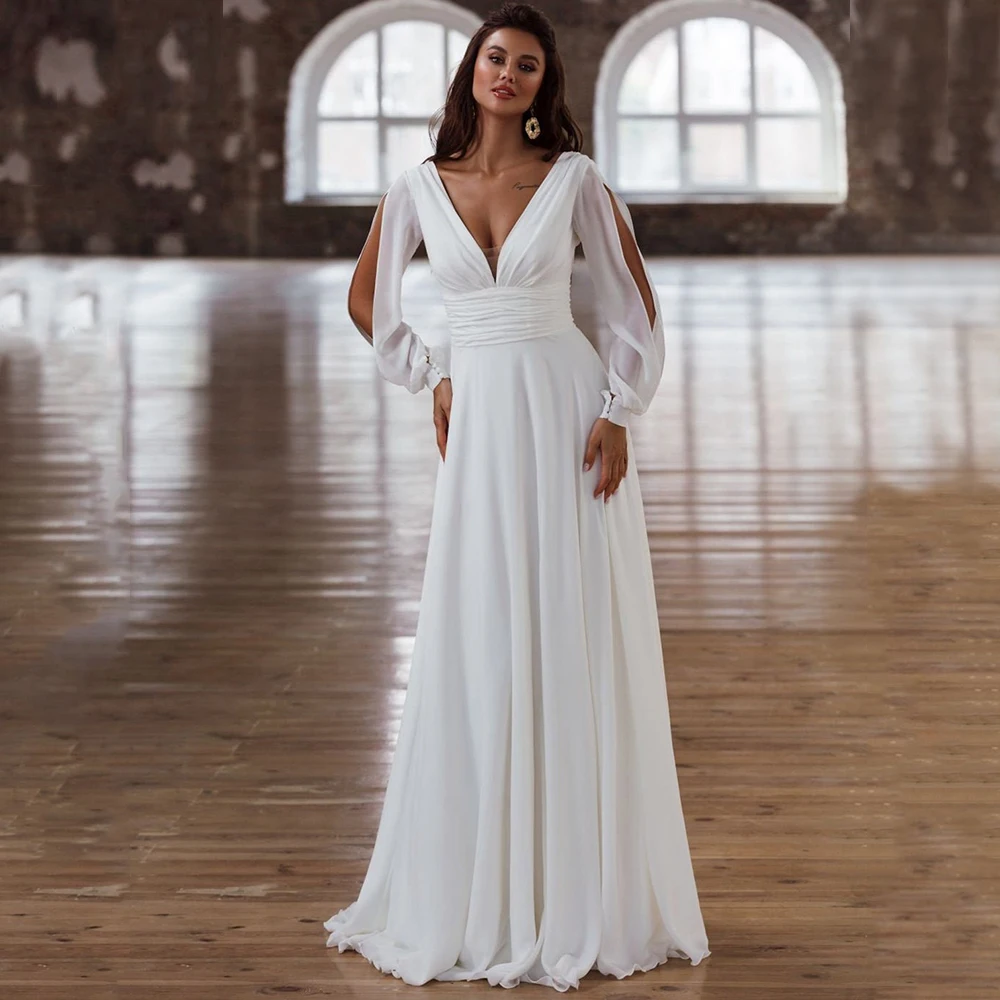 

Weilinsha Chic Slit Long Sleeve Chiffon Wedding Dresses for Brides Deep V-Neck Pleats Sweep Train Simple Bridal Gown Custom Made