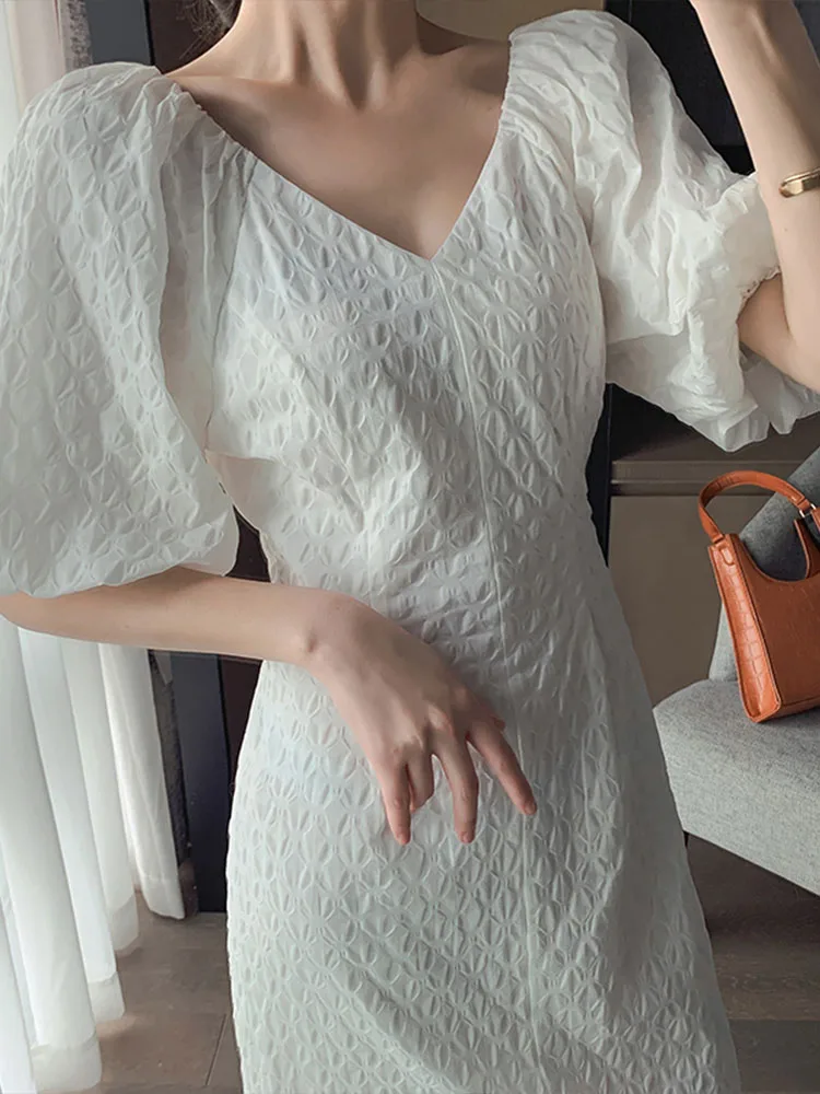 

Elegant Dresses for Women Short Sleeve Casual French Style Dress Solid Puff Sleeve V Neck Midi 2023 New Spring Summer Dress