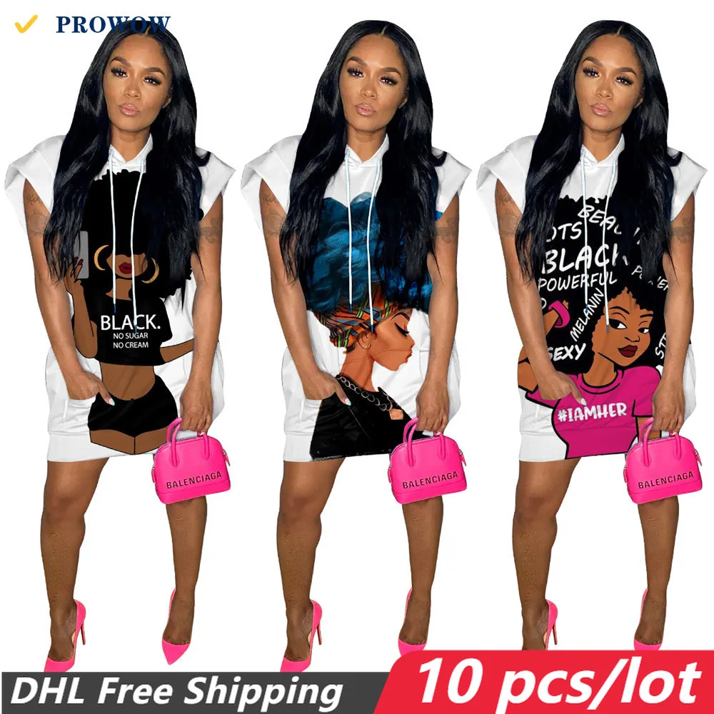 

PROWOW Wholesale Womens Dresses Loose Personality Printing Straight Streetwear Hooed Dress Women 2022 Summer Cool Girl Wear 7664