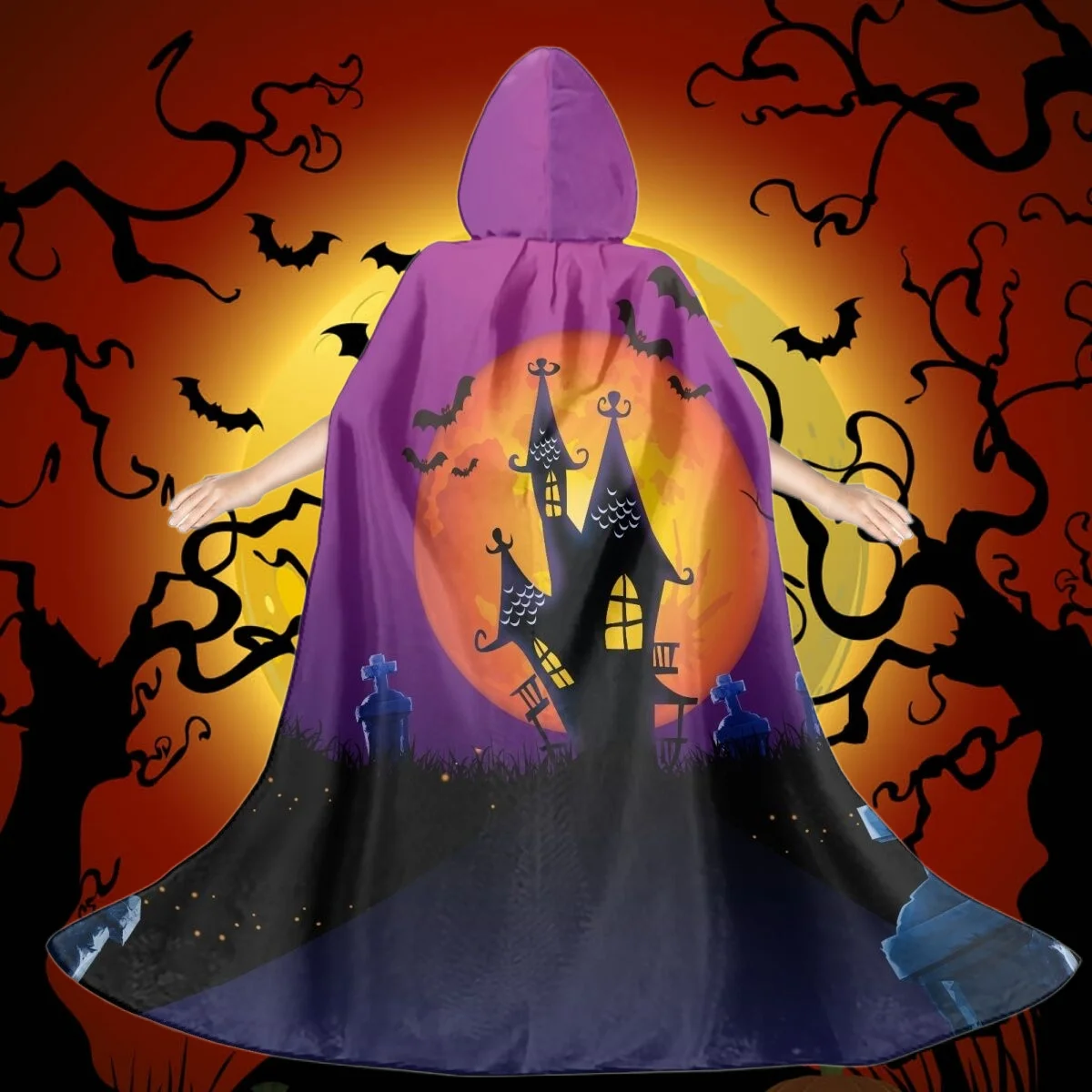 

Children‘s Cape Cloak Coat Moon Castle Black Cat Bat Spider Web Crow Graveyard Grave Tree For Teenager Halloween Cosplay Party