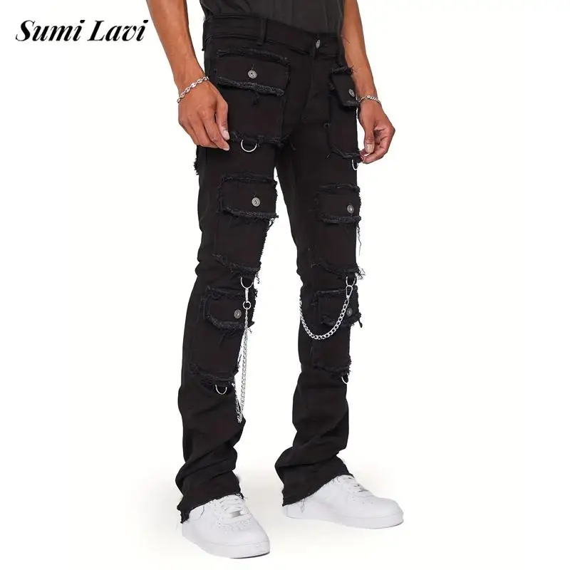

Джинсы Y2K мужские с множеством карманов, уличная одежда, узкие прямые джинсовые брюки с накладными карманами, осень