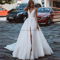 exquisitea line wedding dresses spaghetti draped v neck high slit flower open back 2022 summer floor length gowns robe de ma