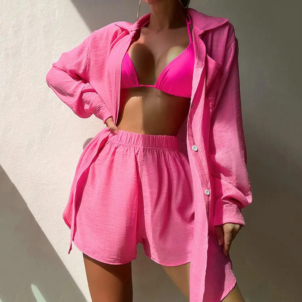 

Three Pieces Summer Sexy Bra Shorts Shirt Set Solid Color Turn-down Collar Single-breasted Cardigan Women Swimsuit Set Beachwear