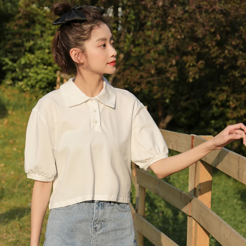 

Women Summer Casual Cropped Tops 2023 New Korean Cute Turn-down Collar Puff Short Sleeved T-shirts Female Chic Tees Streetwear