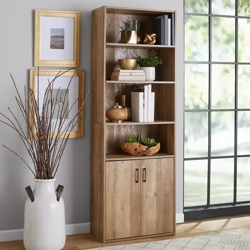 

Traditional 5 Shelf Bookcase With Doors, Weathered Oak