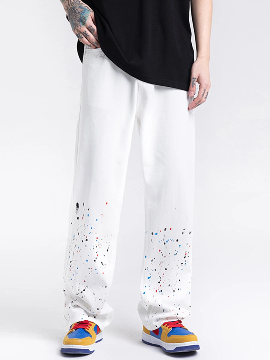 Four Seasons Men Jeans Splattered Ink Hip Hop Loose Straight Skateboard Long Pants Streetwear Y2K Men Jeans Ins Hot Men Clothing
