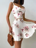 fashion women two piece set floral print cropped tank top mini pleated skirt set