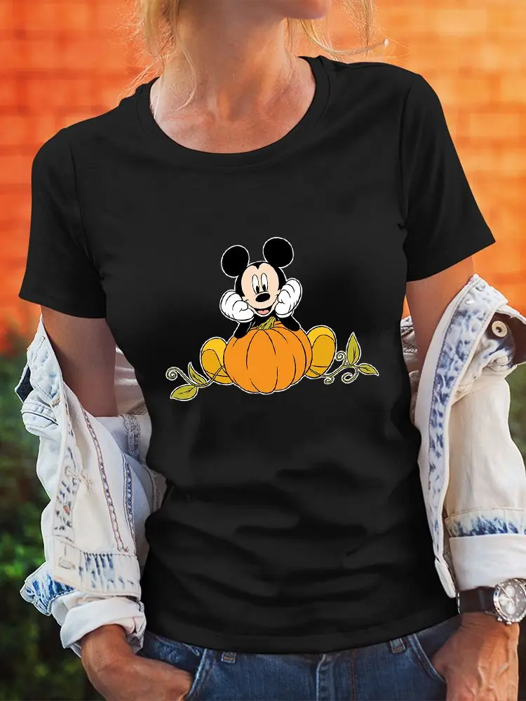 

Disney Микки Маус печати Хэллоуин серии открытый стиль черный горячий продавать короткий рукав женский S-XXXL размер Harajuku высокое качество