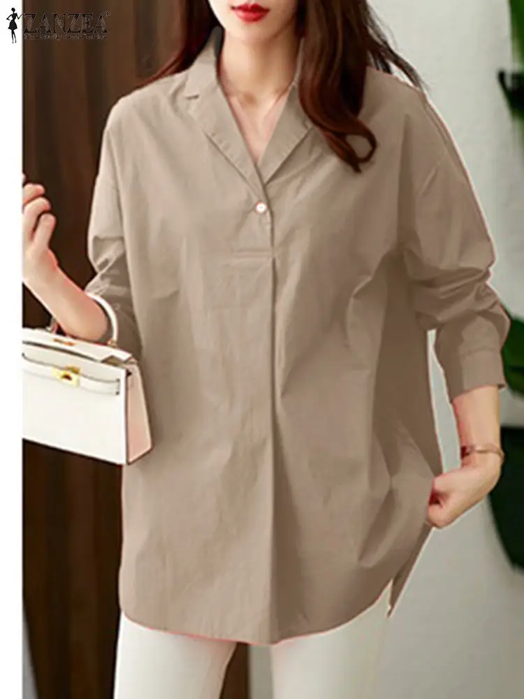 

Весна 2022, блузка ZANZEA с V-образным вырезом и длинным рукавом, элегантная женская Однотонная рубашка оверсайз, Женские рабочие блузы, женские п...
