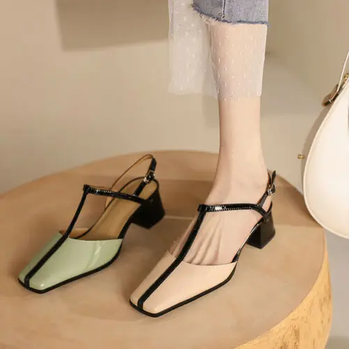 

Womens Fashion Leather Square Toe T Strap Block Heel Slingback Sandal Shoes