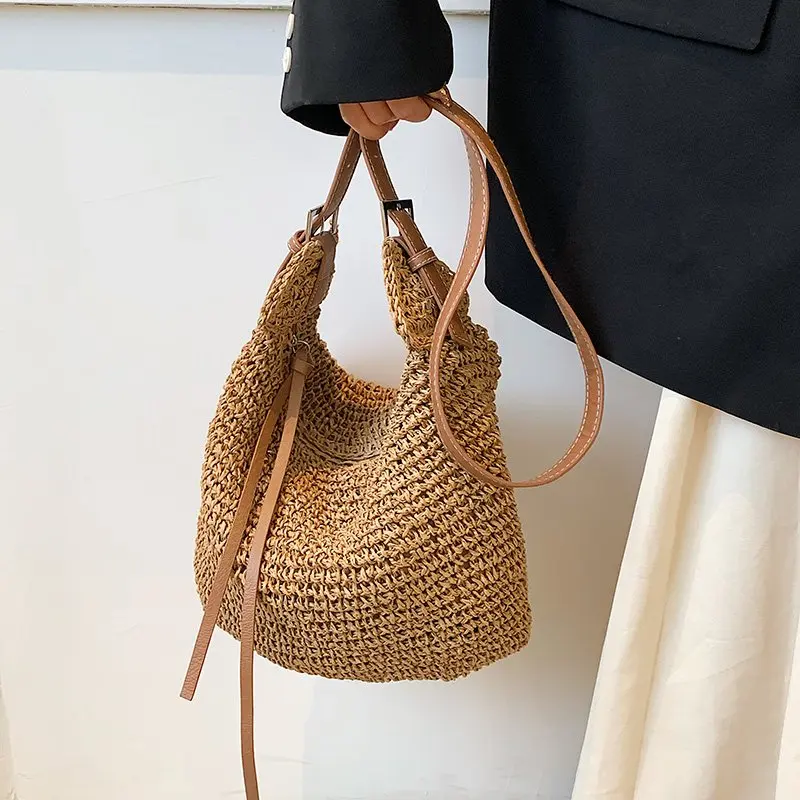 

Casual Large Capacity Straw Tote Bag Hollow Woven Women Shoulder Bags Summer Beach Lady Handbag Big Shopper Bag Travel Sac 2022