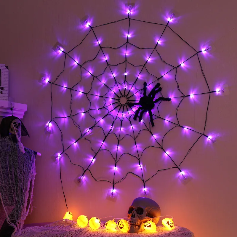 

Orange Warm White Purple Lights Spider Web with Halloween Decorations Haunted House Decor Indoor and Outdoor