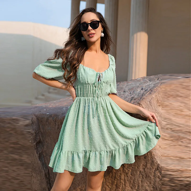 

Korean Dreen Dot Dress Sweet Square Collar Woman Dresses Puff Sleeve Ruffles Mini Dresses Ladies Bangage Chiffon Vestidos