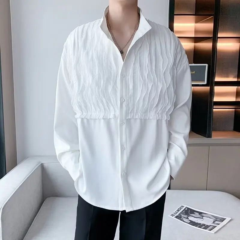 Autumn Patchwork Shirts Men Long Sleeve Loose Casual Stand Collar Shirt Designer Style Social Tuxedo Couple Blouse Streetwear