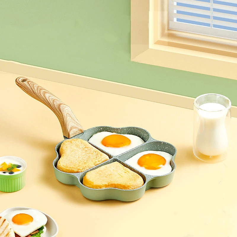 

Four-hole Frying Pot Pan Non-Stick Egg Pancake Steak Pan Thickened Omelet Pan Wooden Handle Pan Breakfast Maker Kitchen Utensils