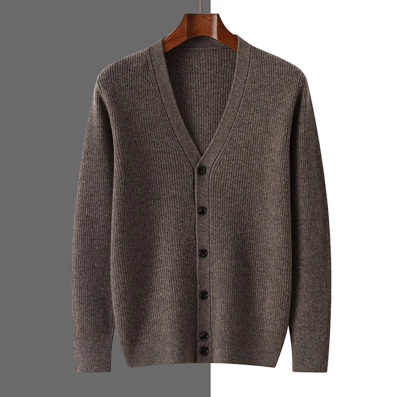 Мужской кардиган с V-образным вырезом толстый однотонный Повседневный вязаный