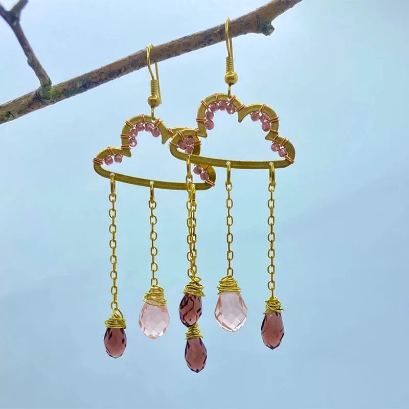 

Golden cloud earrings with glass beads delicate pink purple