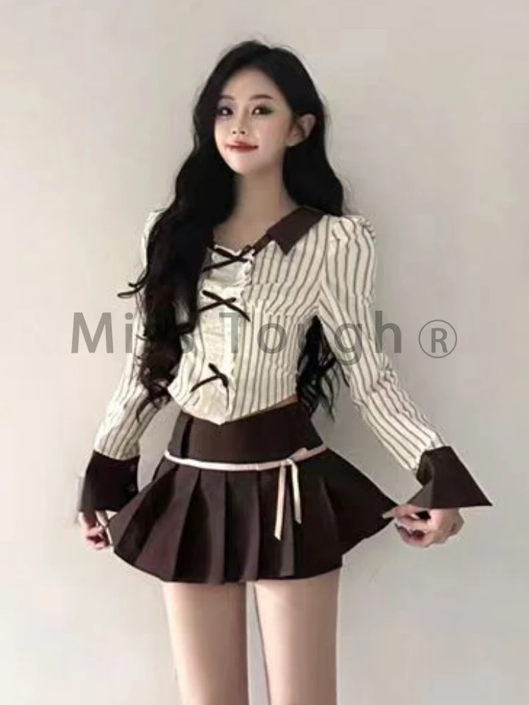 Женский винтажный комплект из 2 предметов элегантная рубашка в полоску с бантом и