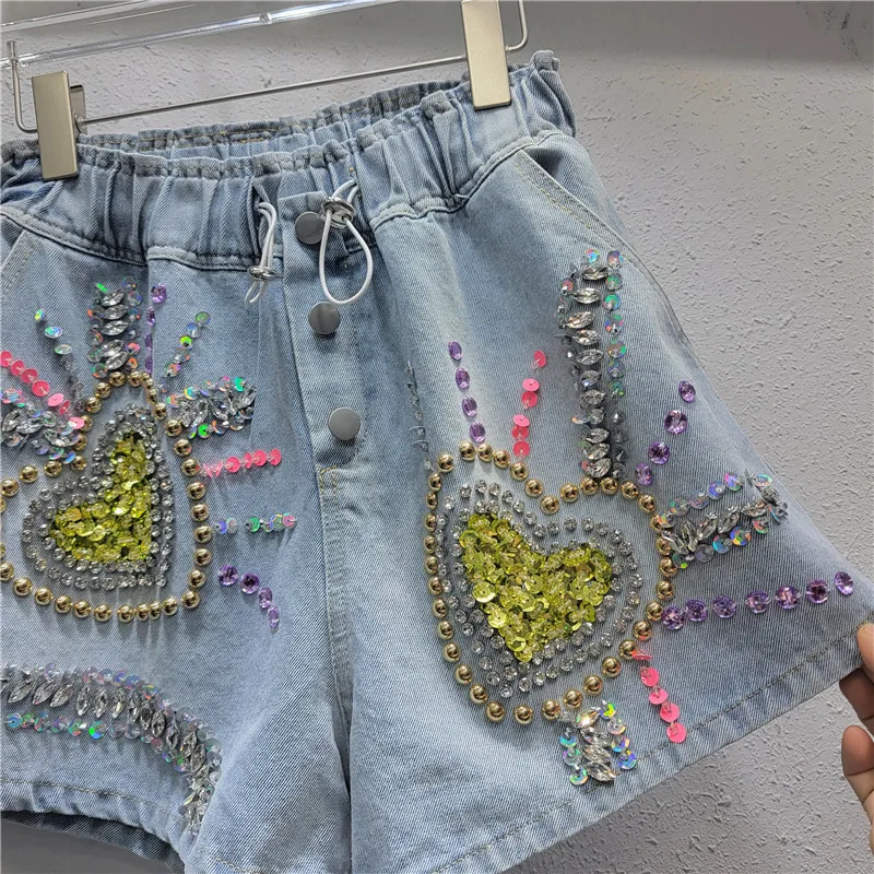 2023 Summer New Exquisite Rhinestone Beaded Sequins Short Pants High Waist Slimming Wide-Leg Denim Shorts Jeans for Women