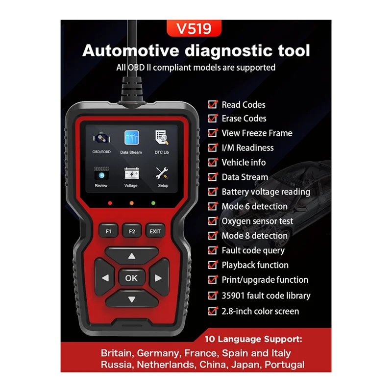V519 OBD2 сканер автомобильный детектор неисправности диагностический инструмент