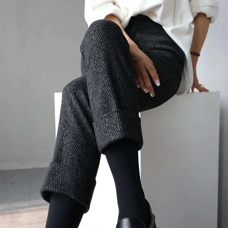 

Woolen Pants Women Autumn Winter Add Velvet Warm Pants Female Ankle-Length Pants High Waist Straight Pants Casual Wide leg Pants