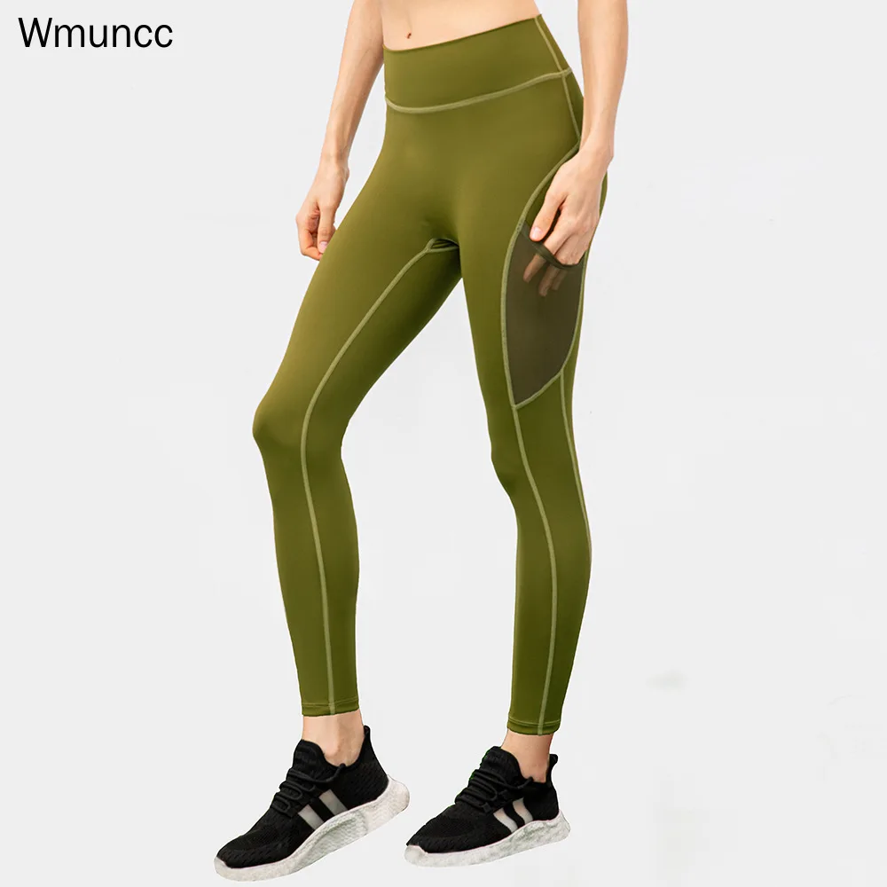 Wmuncc Naked Yoga Pants with Pocket Women's No Embarrassment Line Running Tight High Waist Hips Fitness Training Nylon + Spandx