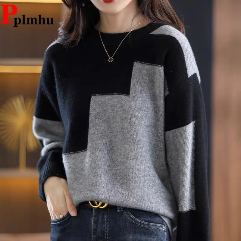 

Tie Dye Spring Fall Knit Tops Women Casual Patchwork O-neck Knitwear Jumper Korean Sweaters Design Contrasting Colors Pullover