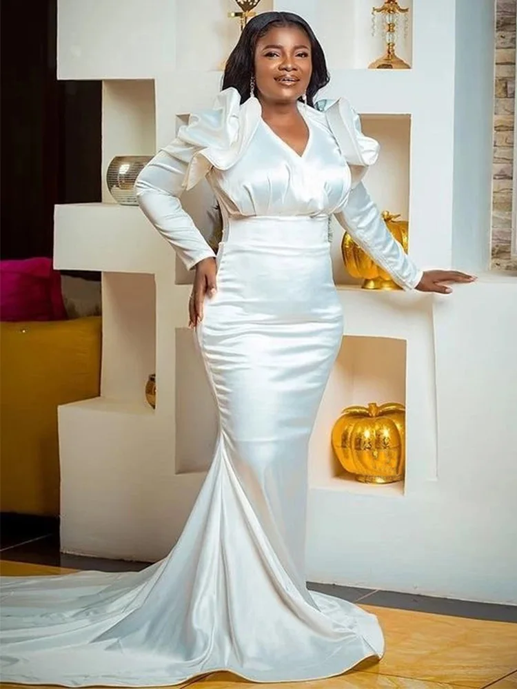 

African Wedding Dress White Long Sleeves Mermaid Wedding Gowns for Women 2022 Bride V Neck Floor Length Court Train Bridal Gown