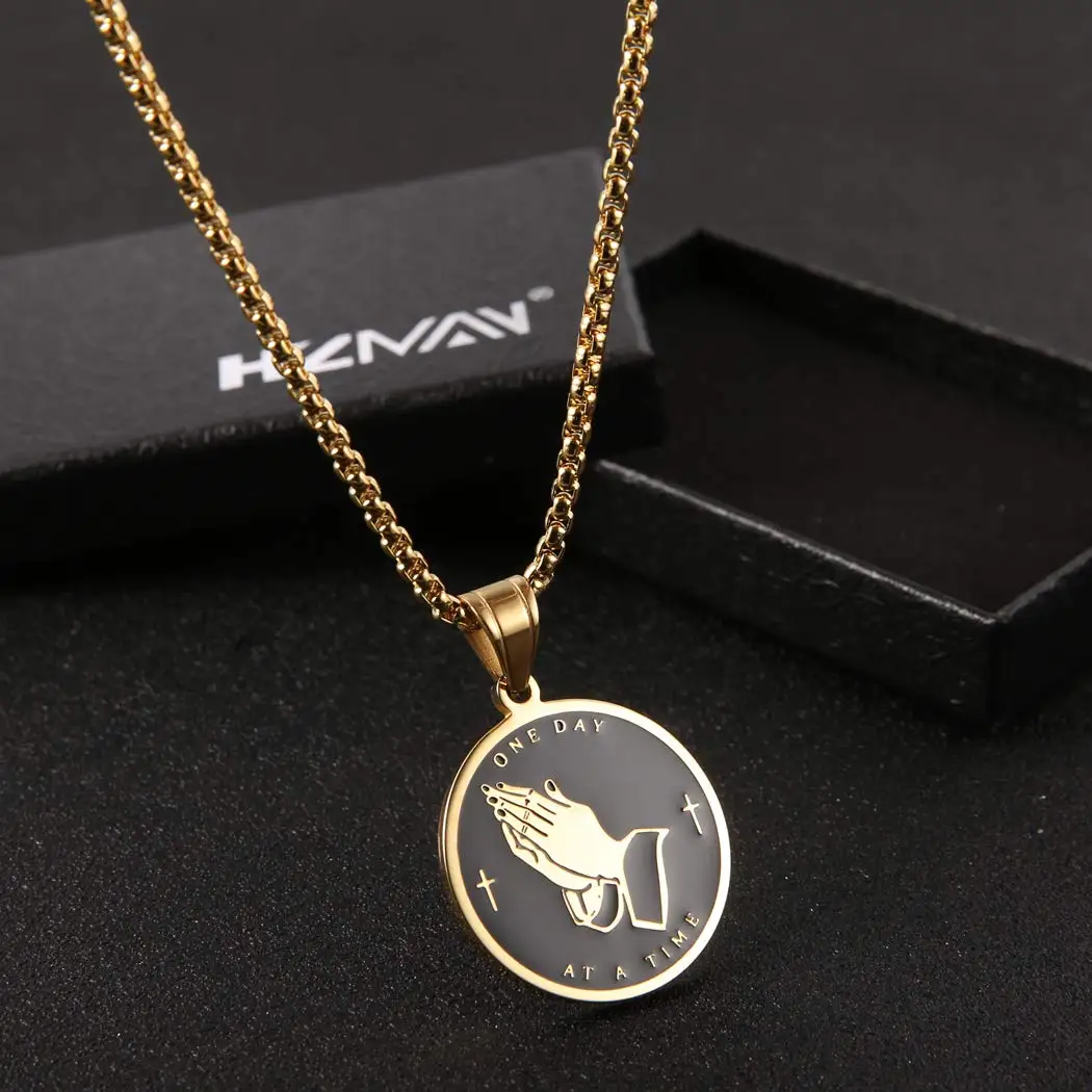 

HZMAN Serenity Prayer Necklace Stainless Steel Bible Verse Praying Hands Coin Medal Fashion Pendant Jewelry Gift for Men Women