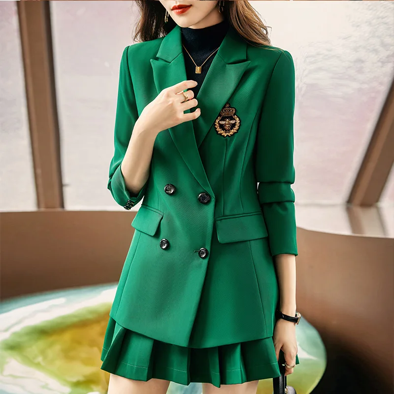 2022 Autumn Formal Ladies Green  Blazer Women Business Suits with Sets Work Wear Office Uniform Large Size Skirt Jacket