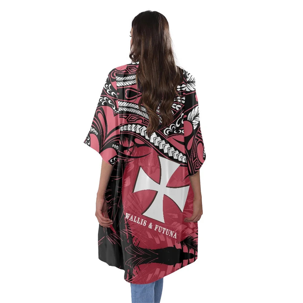 

Spring 2022 Women Fashion Cardigan Cloak Polynesian Tribal Wallis and Futuna Islands Pink Flower Casual Women Kimono Trench Coat