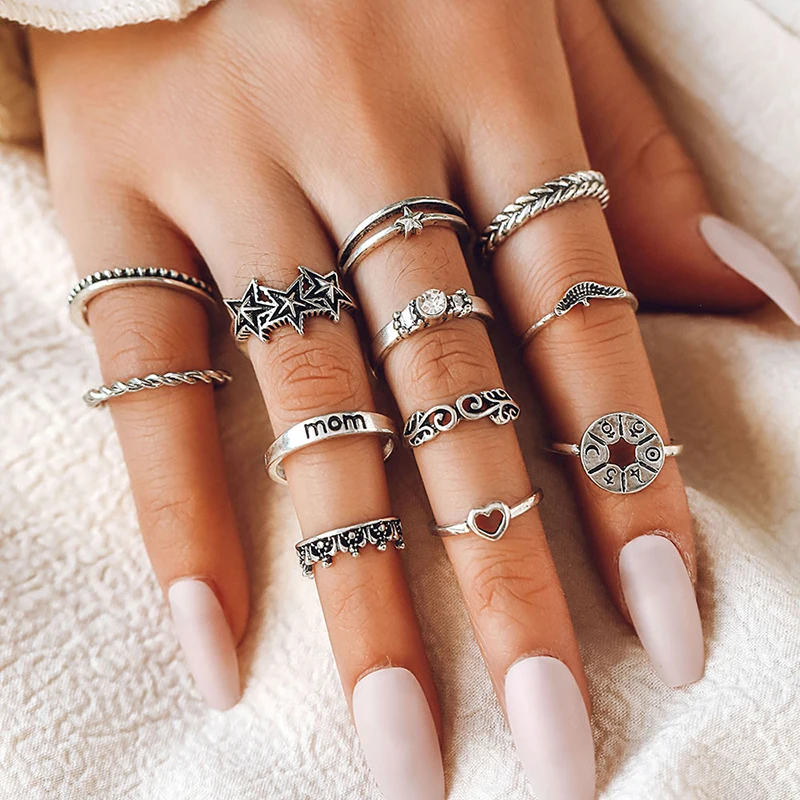 

12 Pcs Silver Color Rings Sets For Women Aesthetic Y2K 2023 Gothic Mom Letter Jewelry New In Accessories Gift Sent Free Shipping
