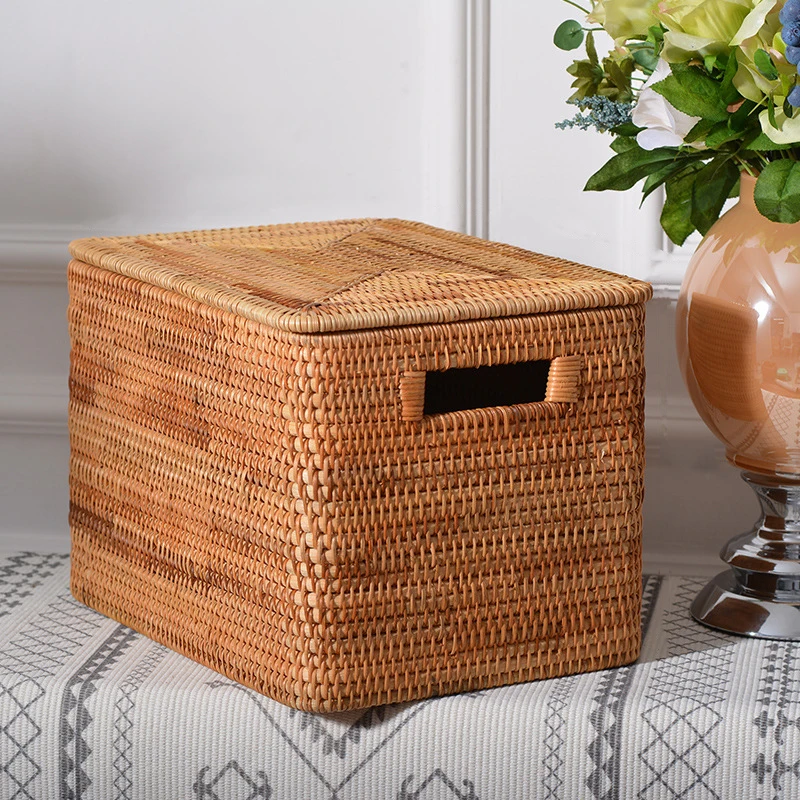 Handwoven Rattan Basket With Lid Multipurpose Storage Baskets Durable Big Plant Baskets for Organizing