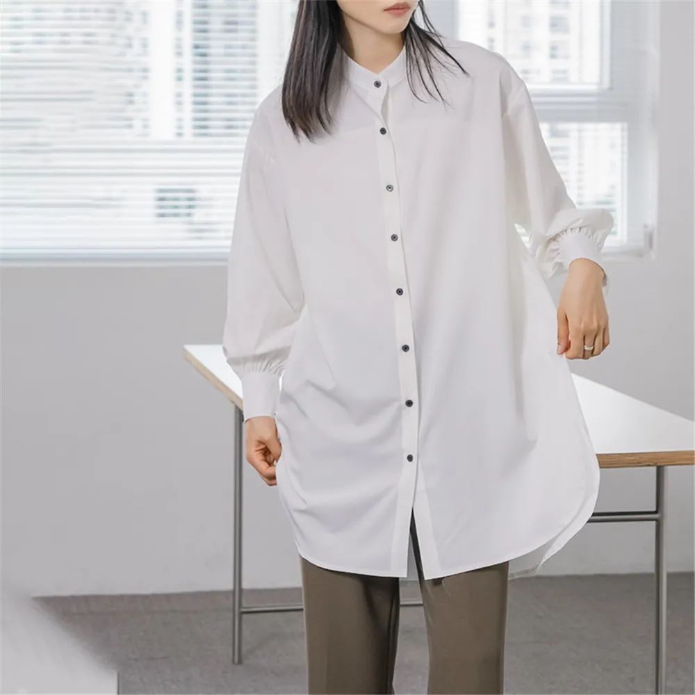 

Women's Blouse Japanese Loose Long Sleeve Stand Collar Shirt Women's Short Front Short Back Long Shirt Dress Commute Top